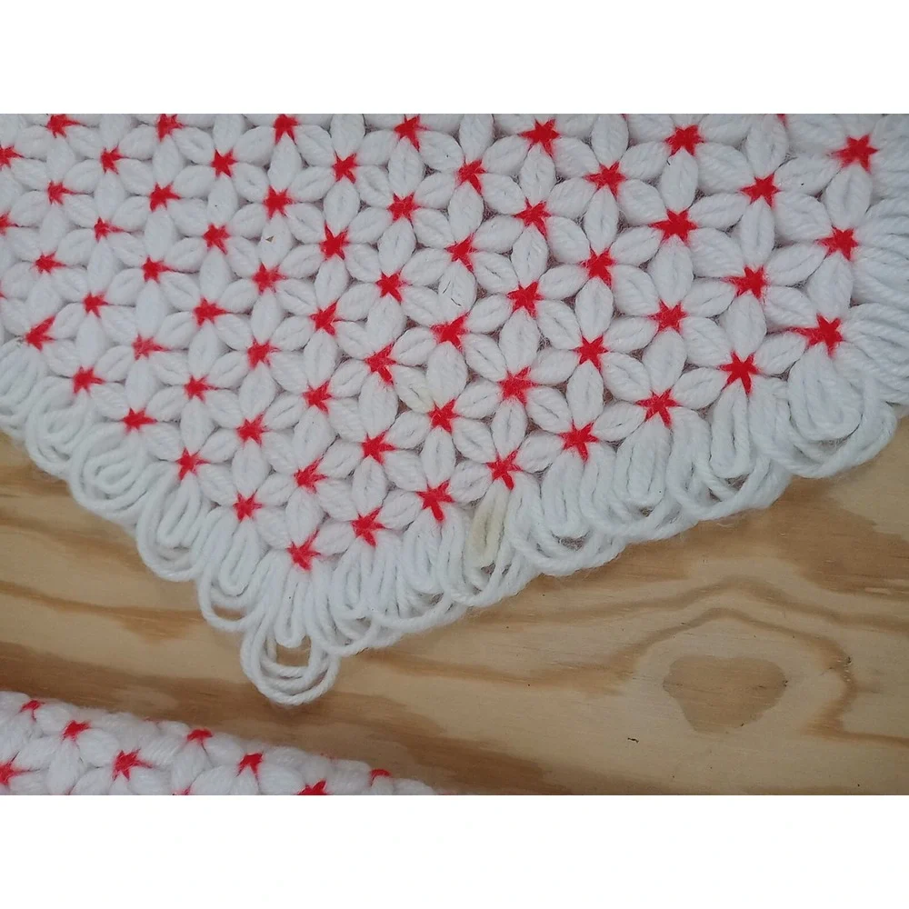 Lot Of 4 VTG Handmade Star Placemats Crochet Yarn White With Red Stars Table Mat